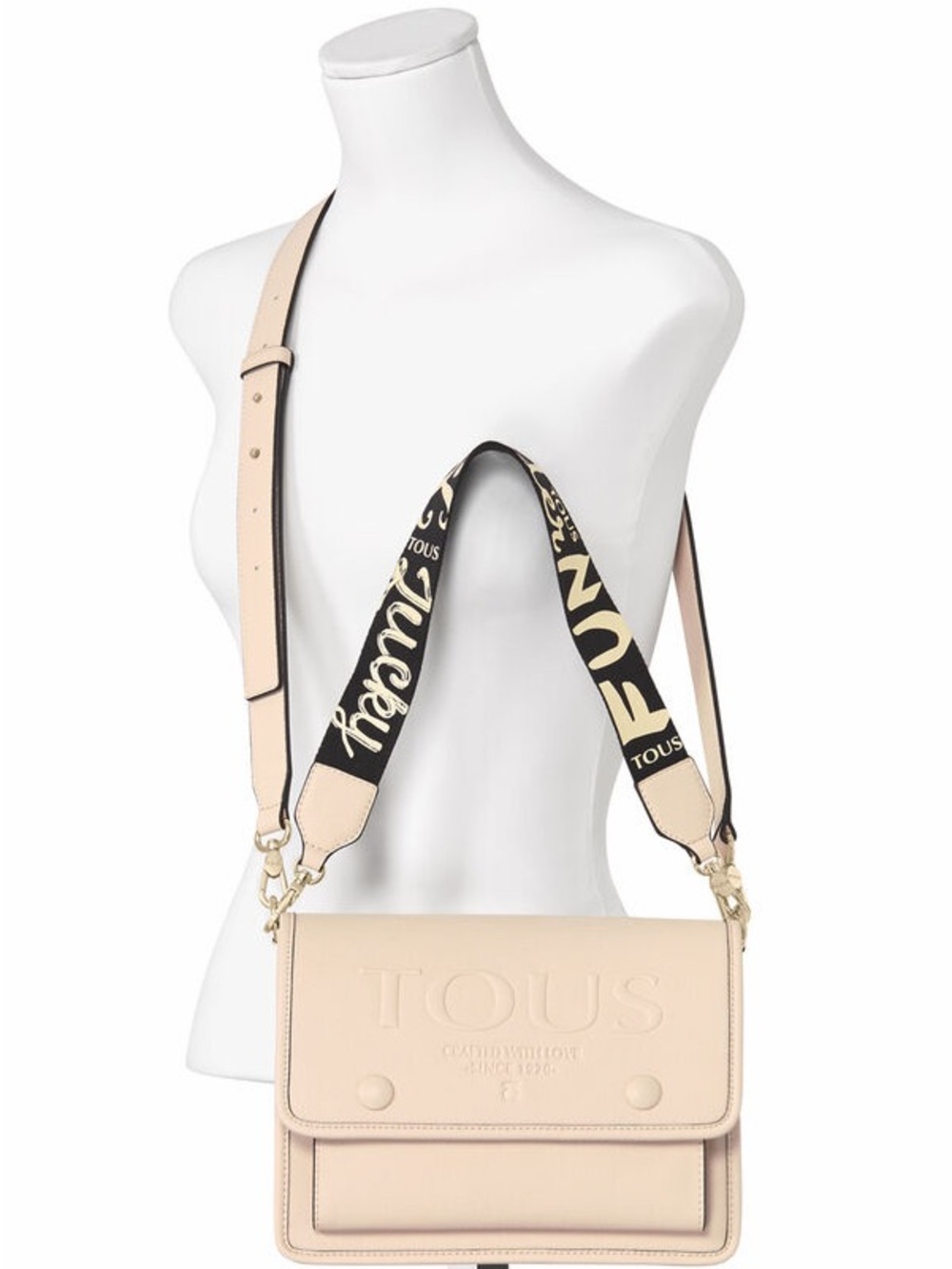 TOUS Nude Beige Leather Crossbody Bag with Branded Black Logo Strap